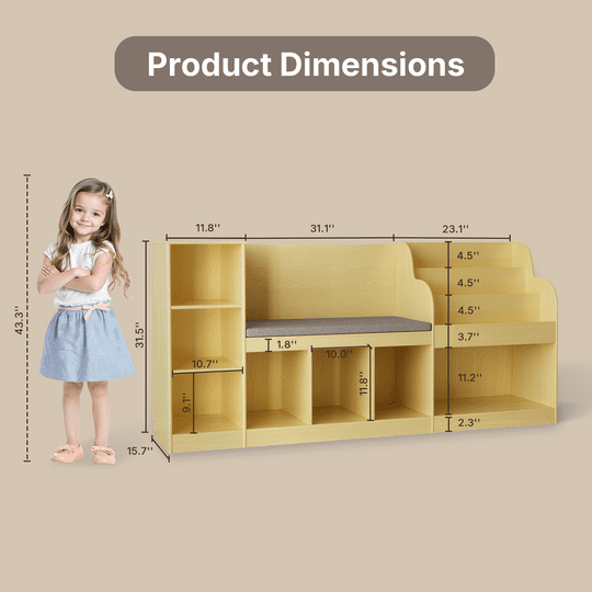 Aiho 66"Kids Bookshelf with Reading Nook , Toy Storage Organizer with 7 Cubes Bookcase & 4-Tier Book Racks & cushion, Toy Storage Organizer for Playroom Bedroom - Retro