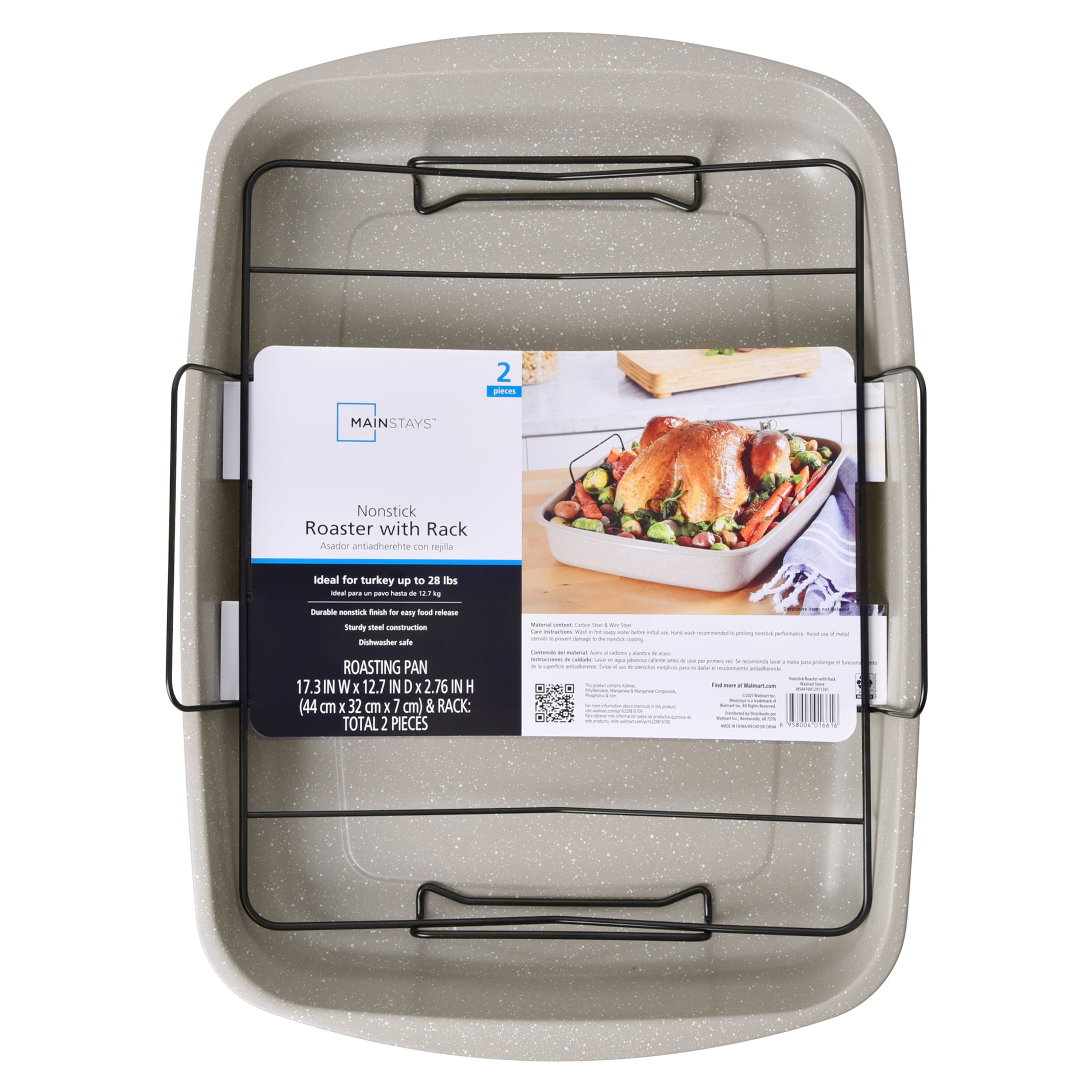 Mainstays Non-Stick Carbon Steel Roaster Pan with Wire Rack, 18.9 in, Speckle Beige, 0.5 mm