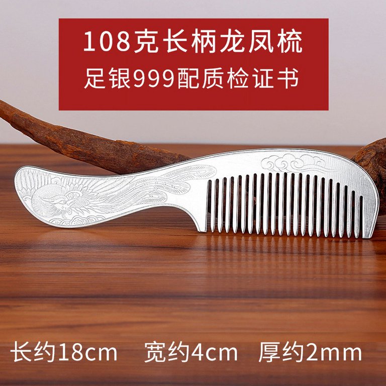 999 Pure Silver Comb with Enamel Snowflake Design, Handmade Silver Hair Comb & Long Handled 999 Sterling Silver Comb Gift for Mother main image 2