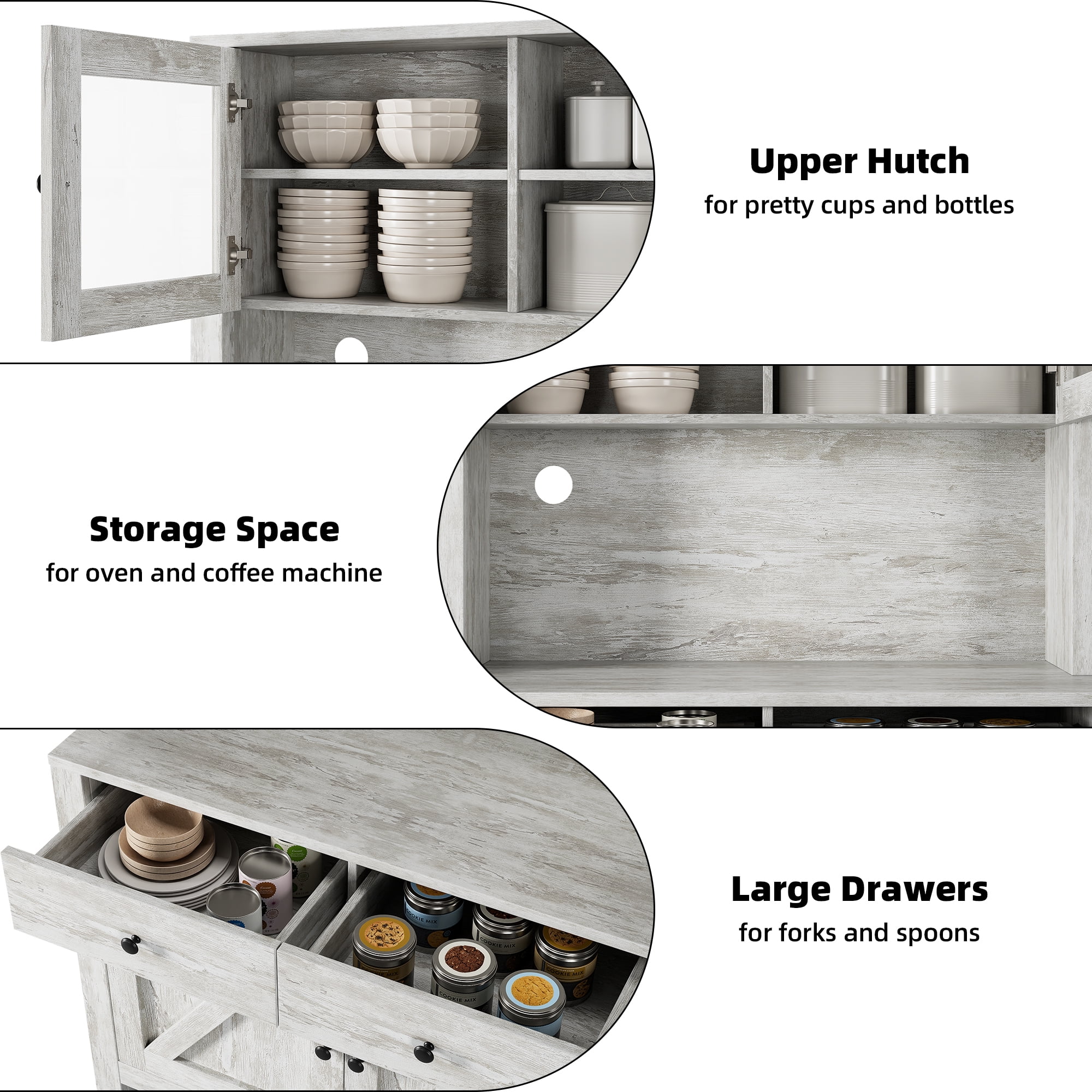 63.4"H Kitchen Pantry Cabinet with Microwave Stand, Freestanding Hutch with Drawers, Doors & Adjustable Shelves, Buffet Cabinet with Storage, Food Pantry for Kitchen, Dining Room