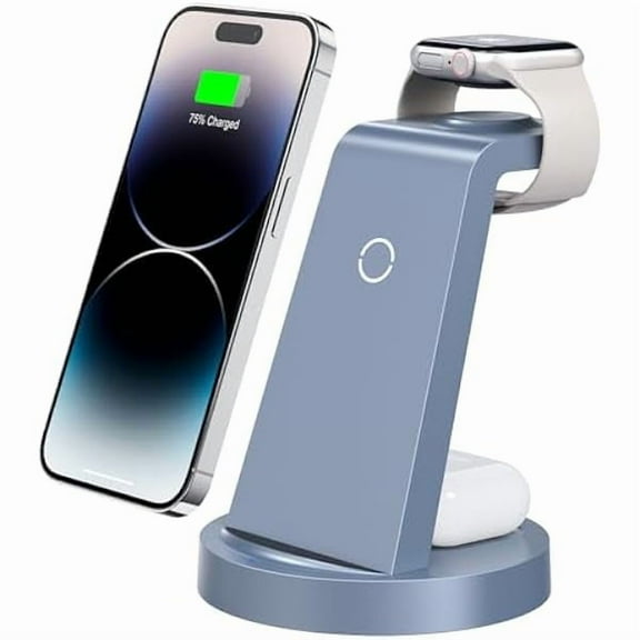 Saluqifa 3 in 1 Charging Station for iPhone, Wireless Charger for iPhone 16e 16 15 14 13 12 11 X Pro Max & Apple Watch - Charging Stand Dock for AirPods (Blue)