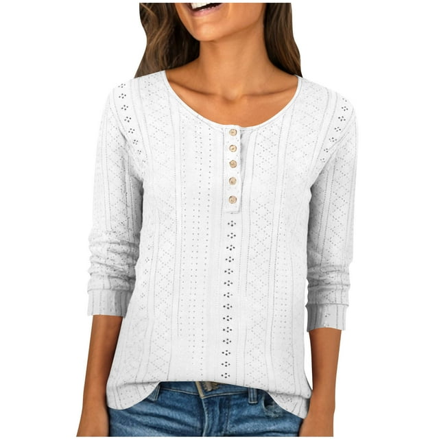 Women's 3/4 Sleeve Eyelet Lace Button Down Blouse - Crew Neck Dressy Casual Plus Size Work Tops