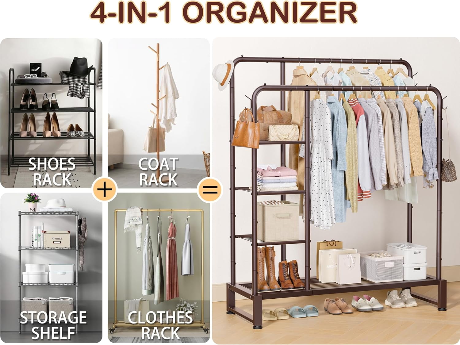 Double Rods Clothes Rack Clothing Rack with  Storage Shelves Clothes Rack for Hanging Clothes Multifunctional Heavy Duty Clothes Organizer with Hooks for Bedroom,Wardrobe Closet,Shop