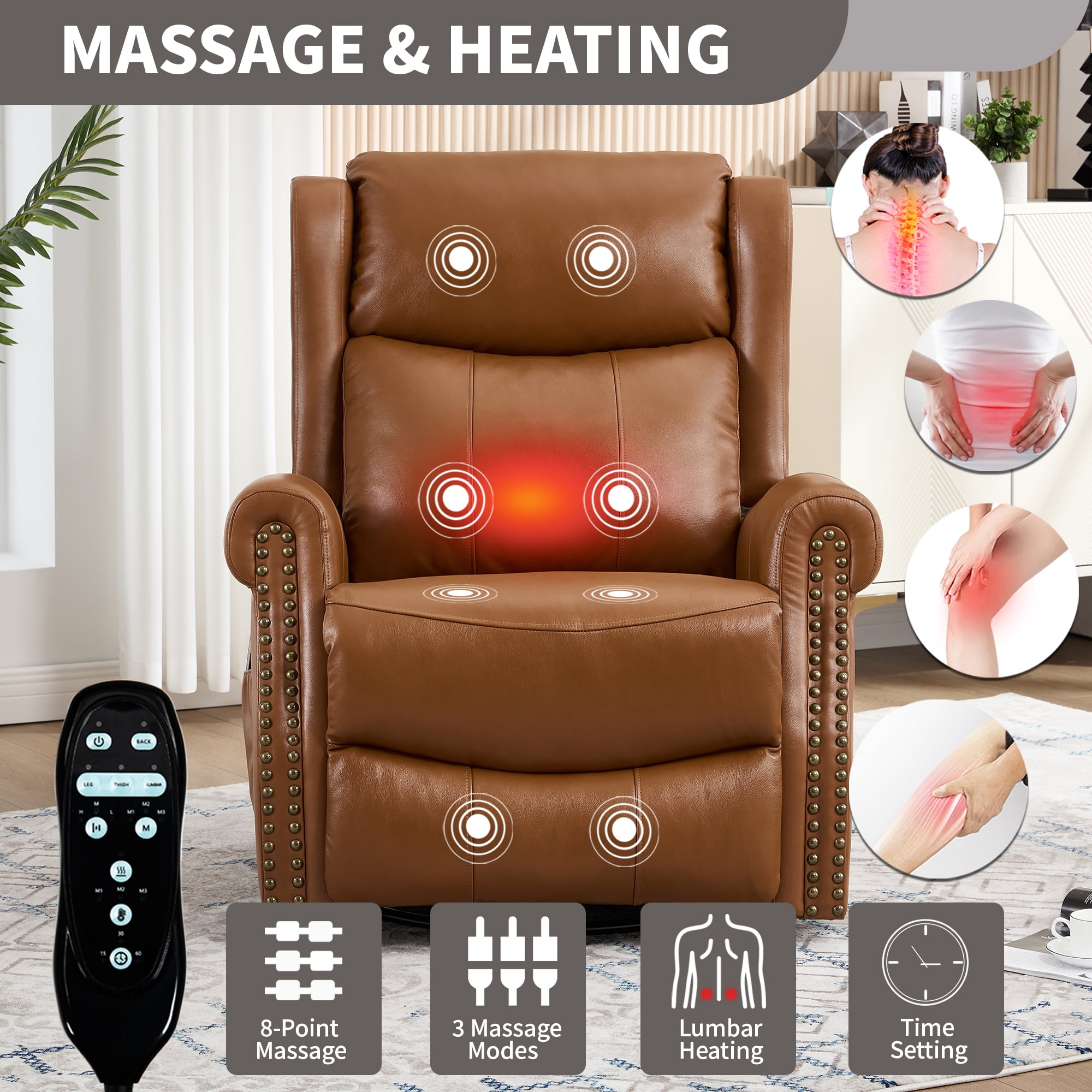 Leumius Swivel Rocker Recliner Chair with Vibration Massage and Lumbar Heating,Ergonomic Lounge Chair with Rocking Function,Rivet Design,Yellow