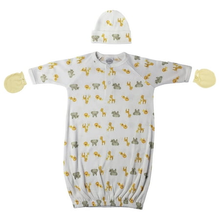 

Bambini Layette Preemie Baby Boy Baby Girl Unisex Printed Gown Cap and Mittens - 3 pc