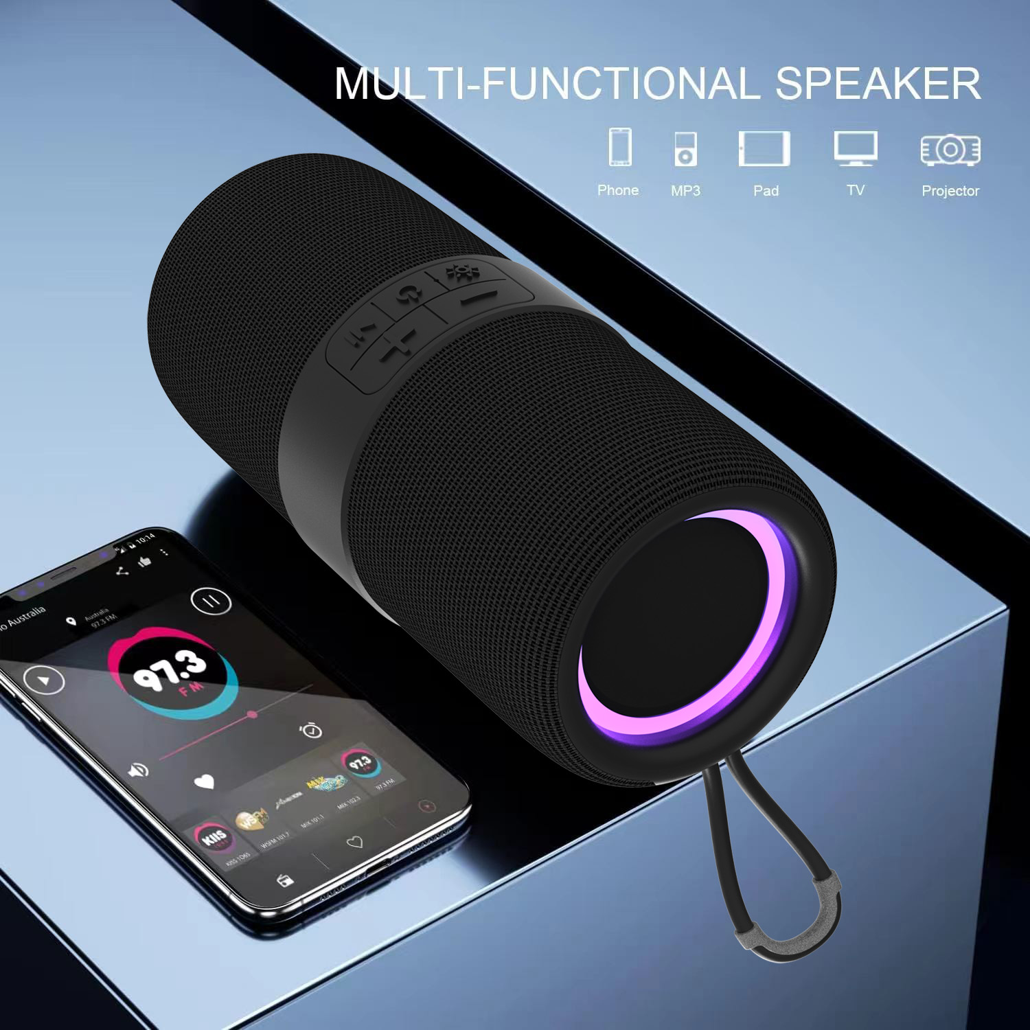 Ficcug Portable Bluetooth Speaker, Waterproof, LED Lights photo 2