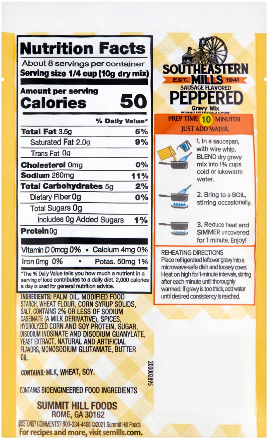 (12 pack) Southeastern Mills Peppered Gravy Mix with Sausage Flavor, 2.75 oz Pouch – Hearty, Southern-Style Gravy for Biscuits and More
