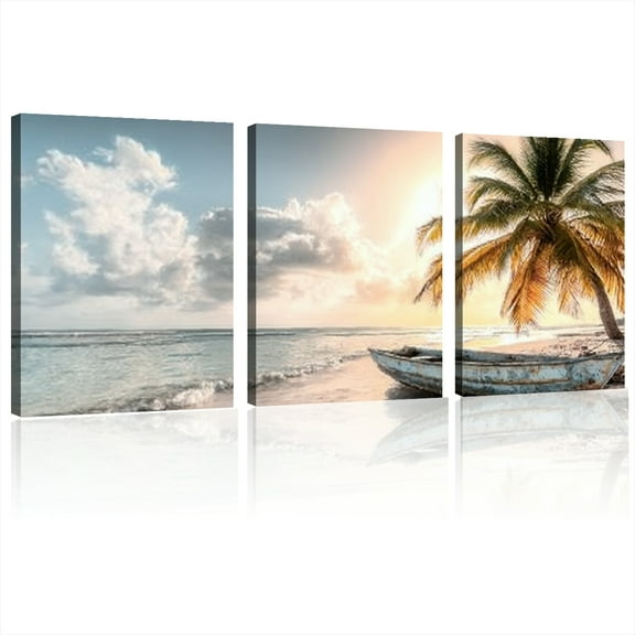 Frame Canvas Wall Art Living Room Bedroom Office Sunset Beach Wall Art Painting Picture Quodros Natural Coast Ocean Wall Art Print Large Frame Boat Waves Gray Room Decor 12x16inchx3pcs
