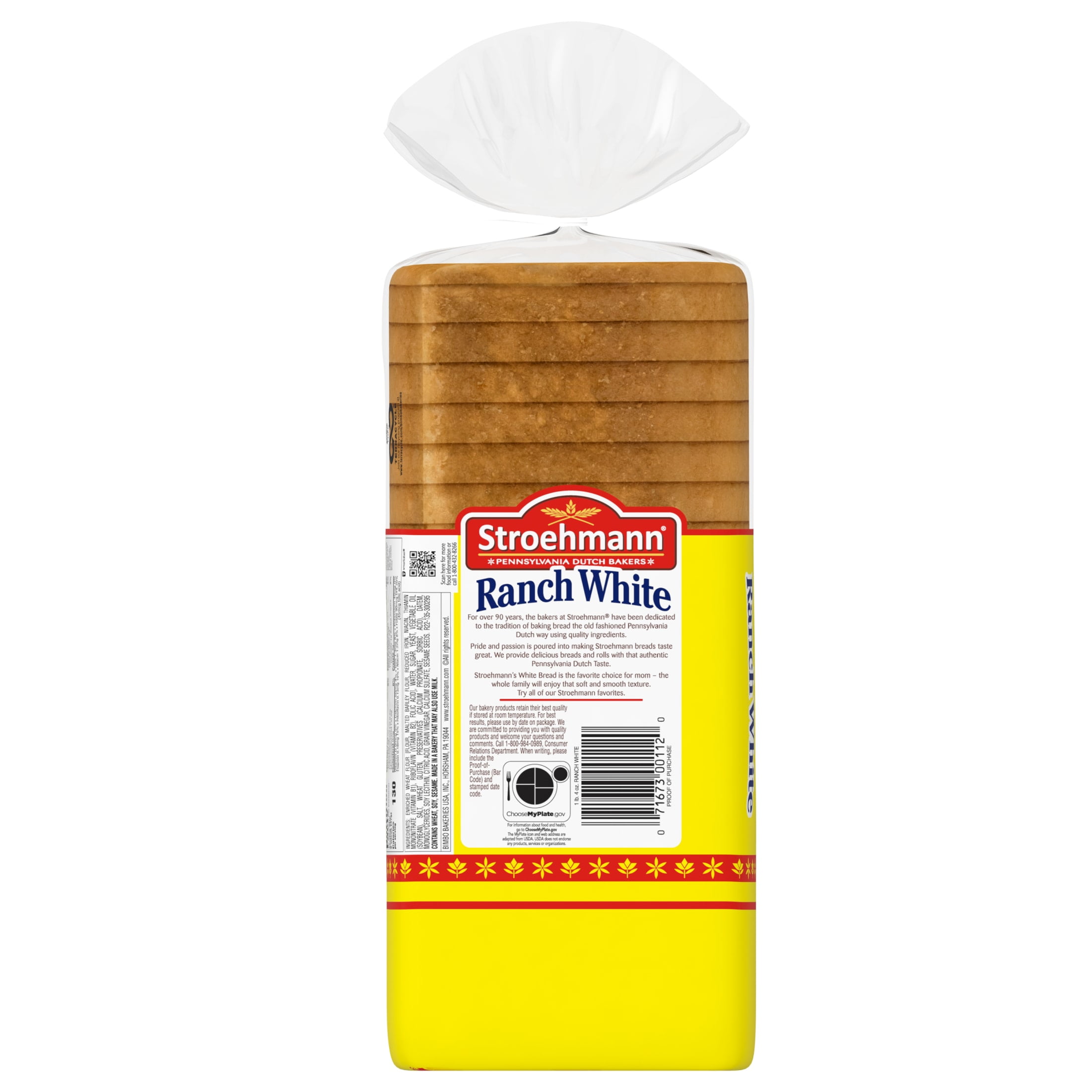 Stroehmann Ranch White Bread, 20 oz, Plain White Bread, Bag