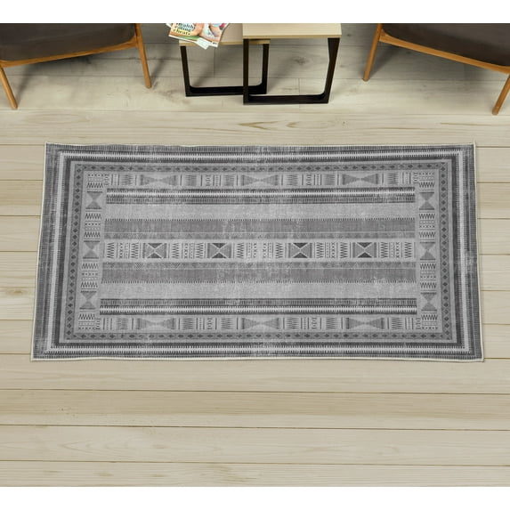 Tribal Decorative Rug, Traditional Folk Striped Look Design and Ethnic Geometric Shapes Triangles Print, Quality Carpet for Bedroom Dorm and Living Room, 6 Sizes, Pale Grey, by Ambesonne