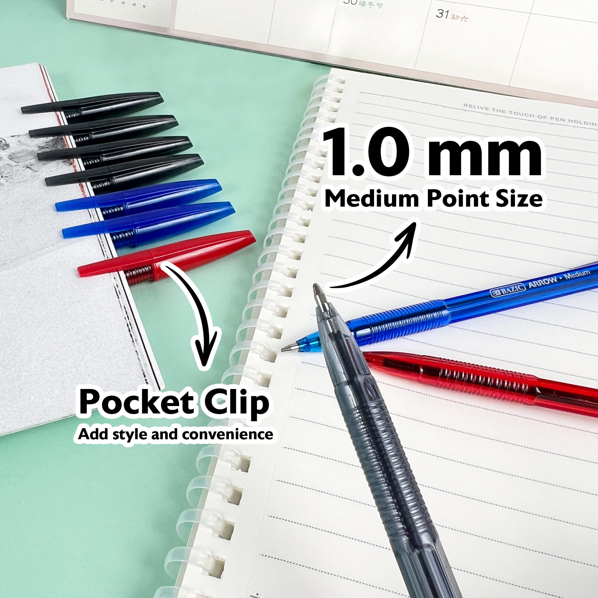 BAZIC Arrow Ballpoint Pens, 1.0 mm Medium Point Assorted Colors Stick Pen, 10 Count, 144-Pack