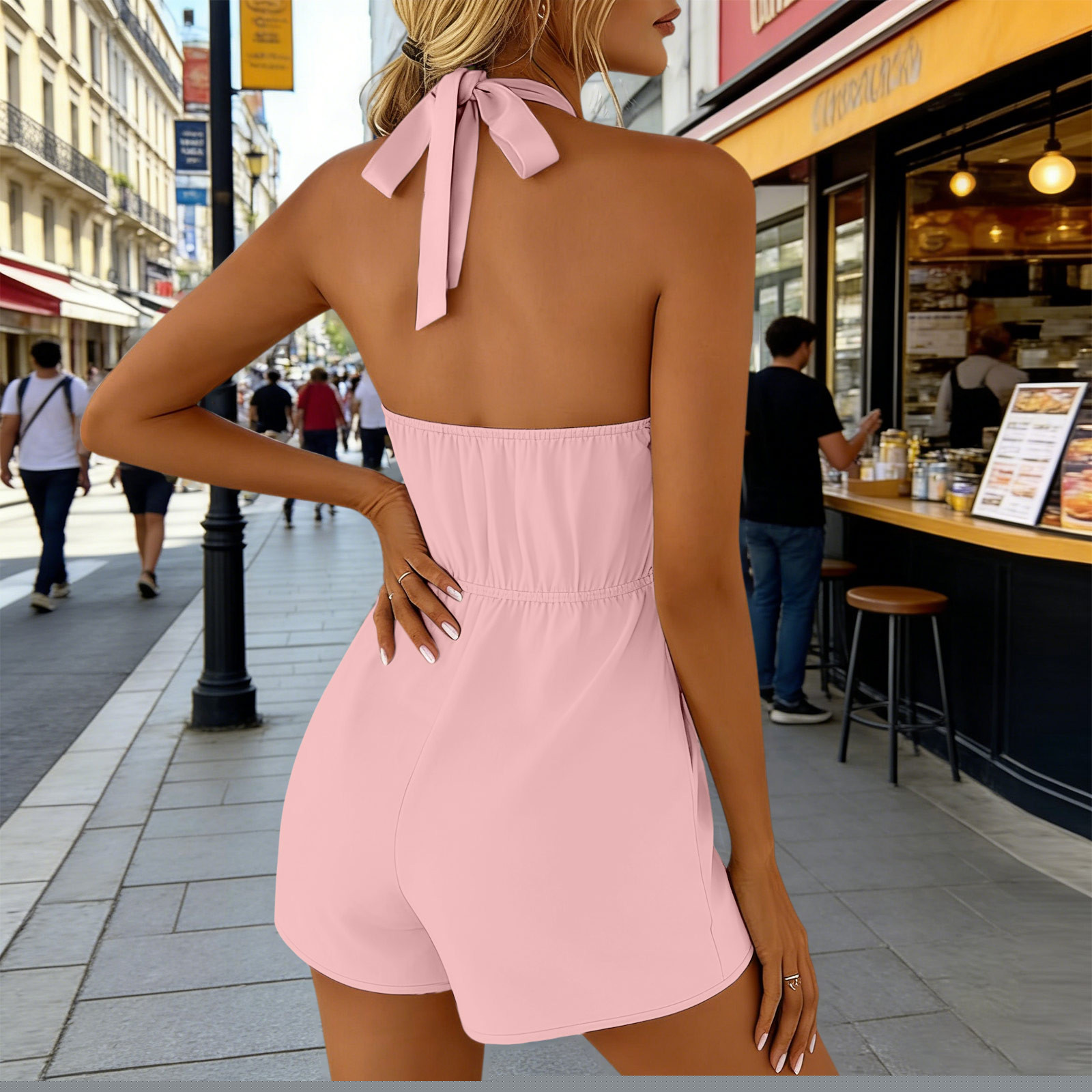 thumbnail image 3 of Pounoo Women's Rompers Halter Neck Sleeveless Knit Rompers Casual Daily Style Lightweight Breathable Tie Back Elastic Waist Solid Color Rompers Gift, 3 of 8