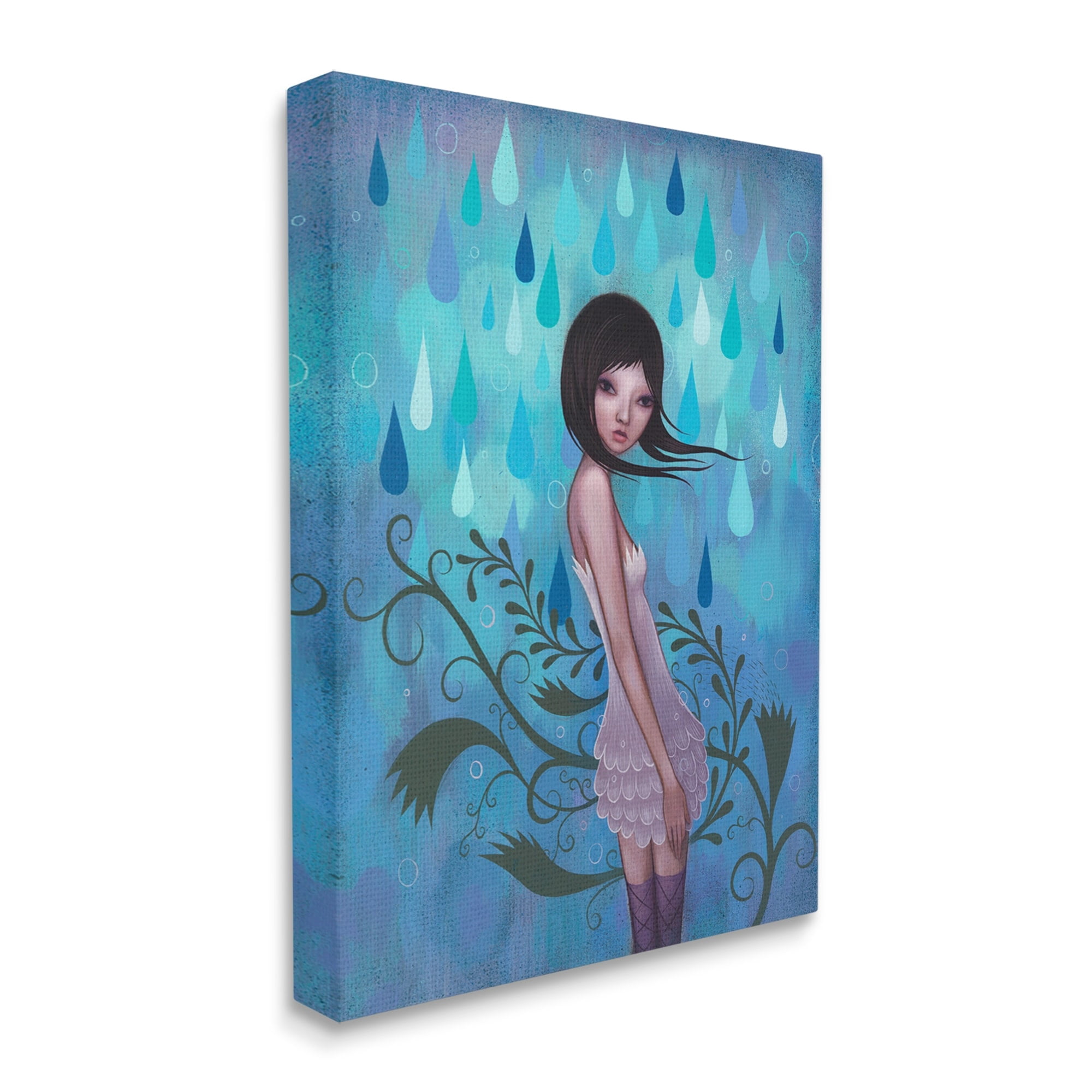 Stupell Industries Woman White Dress Falling Blue Raindrops Botanical Motif Canvas Wall Art, 16 x 20, Design by Barry Kite