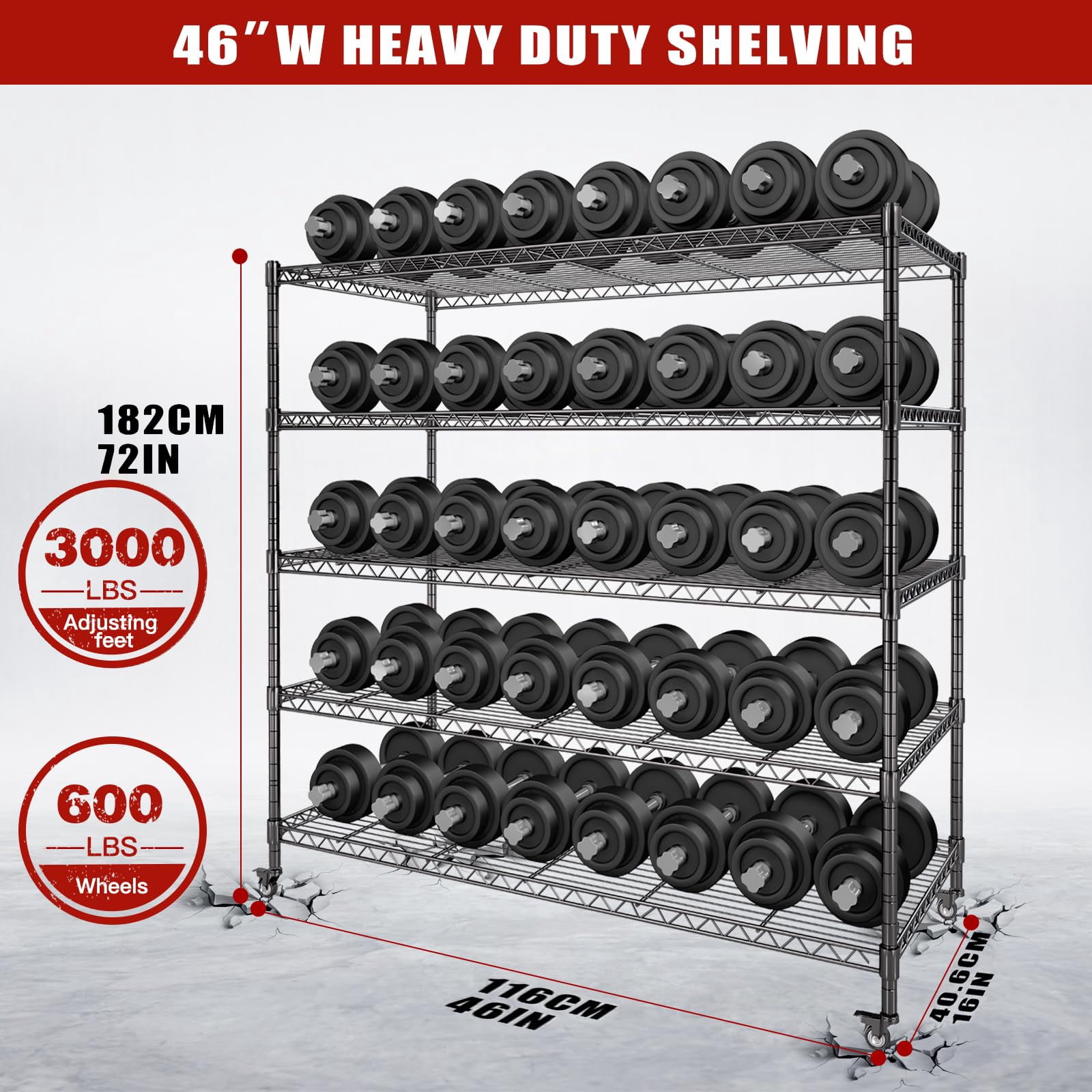 AIRAJ 5-Tier Heavy Duty Metal Shelving Unit with Wheels, 3000lbs Capacity Industrial Wire Storage Rack, Adjustable Garage Shelves & Workshop Organizer, 46"W x 16"D x 72"H