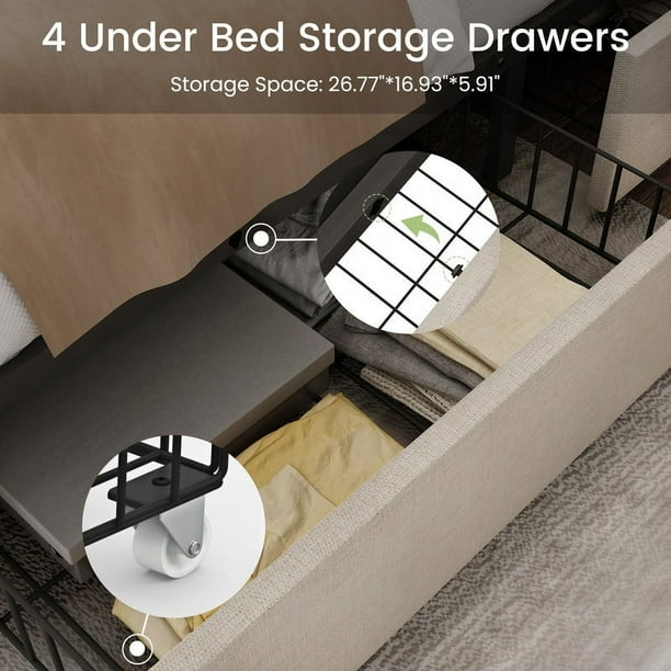 LARMACE King Size Tufted Bed Frame with 4 Storage Drawers, Linen