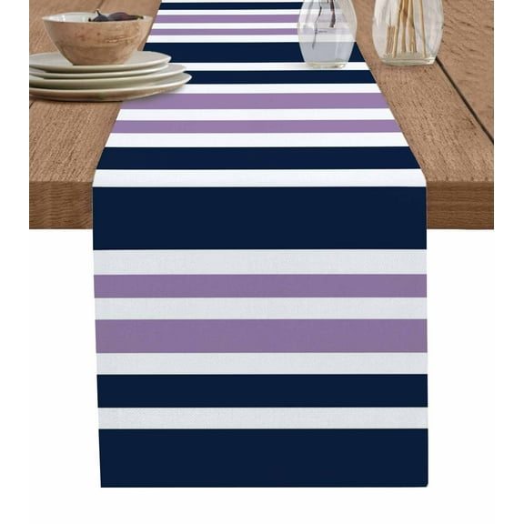 Navy Blue Purple Striped Short Table Runners 36 Inches, Cotton Linen Fabric Table Runner Dresser Scarf, Modern Minimalist Ombre Lines Tablerunner for Party/Kitchen/Dinner/Wedding Decor 13''x36''