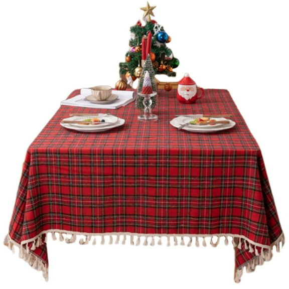 Vintage Christmas Tablecloth Plaid Table Cloth Rectangle Tassel Checkered Table Cover for Christmas New Year Decoration