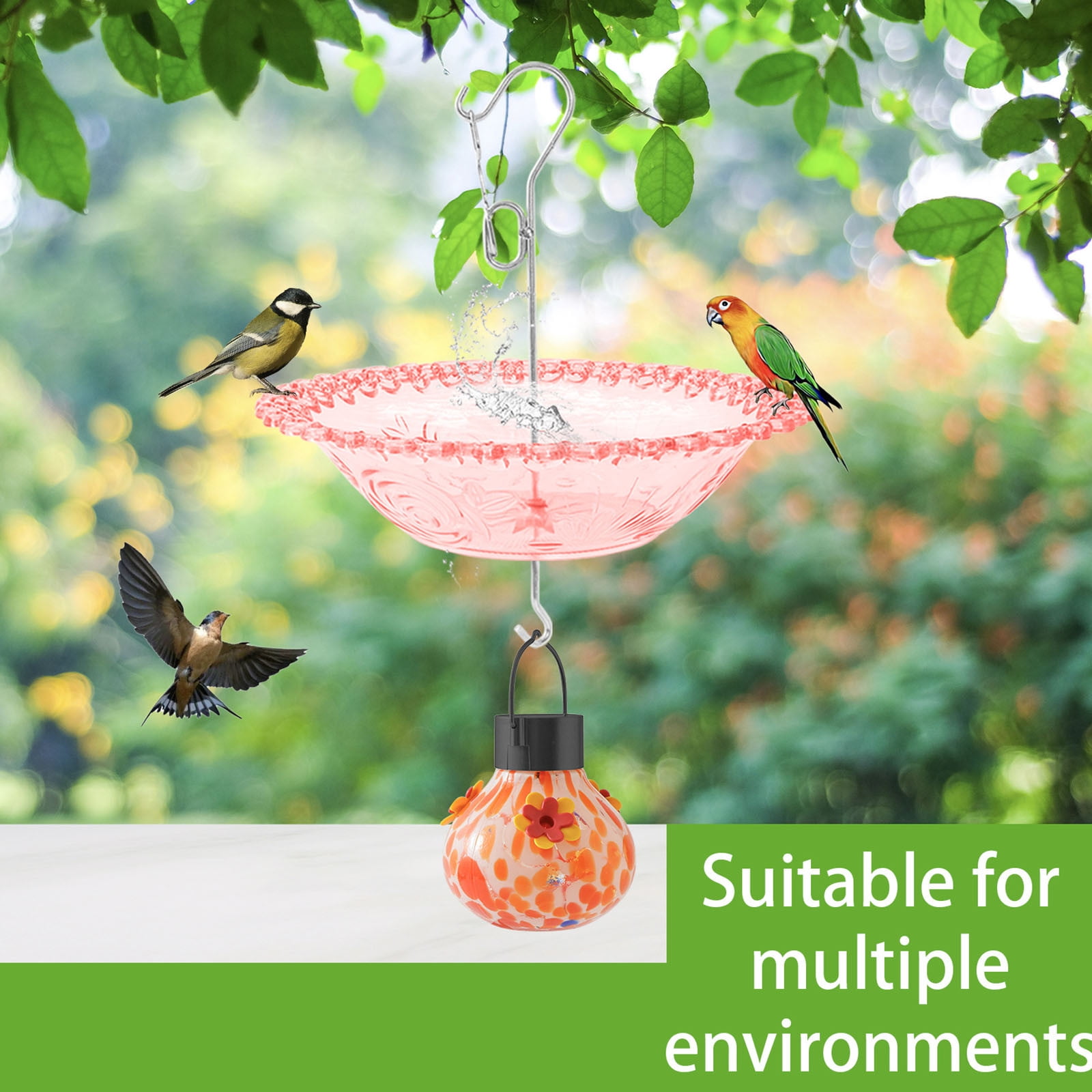 EDHITNR Windproof Rainproof Bird Bath, Outdoor Garden Hanging Bird Bath Feeder, Decorative Courtyard Birdbath for Attracting Birds Garden Yard Patio, Red