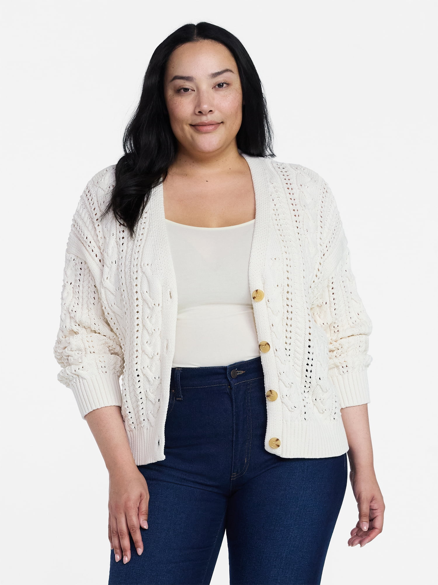 Time and Tru Women's Cable Knit Cardigan Sweater with Long Sleeves, Lightweight, Sizes XS-XXXL