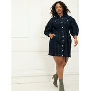 ELOQUII Elements Women's Plus Size Puff Sleeve Denim Jacket Dress