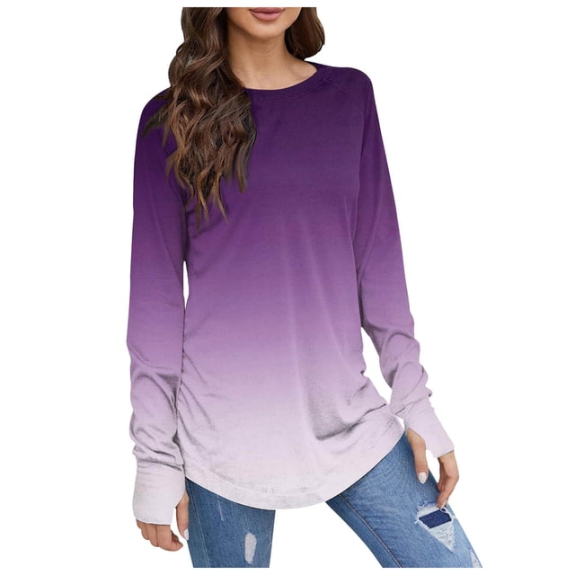 Hauts de Printemps pour Femmes Manches Longues Col Rond Basique Mode Tunique Imprimée Trou de Pouce T-Shirts pour Femmes Blanc TG