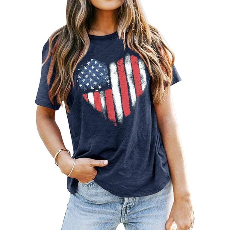 American Flag Shirt For Women - Patriotic 4th Of July Graphic Tee With Star & Stripes Heart Design