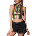 thumbnail image 1 of INSPIRE CHIC Haut pour Femmes Col Montant Fermeture Éclair devant Sans Manches Holographique Scintillant Fête TG Multicolore Noir, 1 of 7