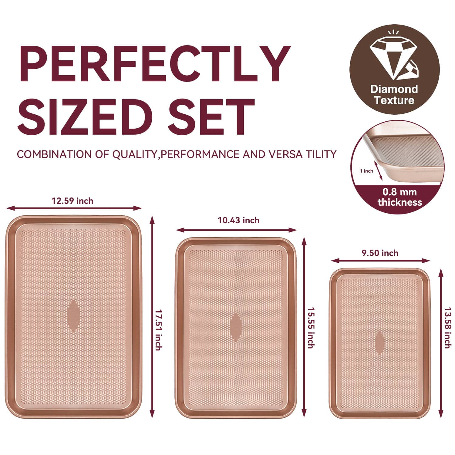 WEPSEN Baking Sheet Pan Set of 3,Carbon Steel Cooking Pans,Diamond Texture Pattern,0.8mm Thick Heavy Duty Cookie Tray,Diamond Gold