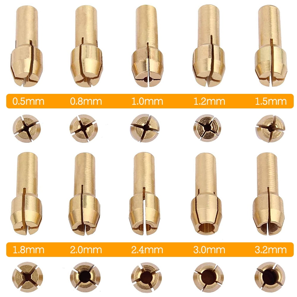 10pc 0.5-3.2mm Brass Collet Bit Nut Kit & Shaft Screw Cap  Grinder Rotary Tool 