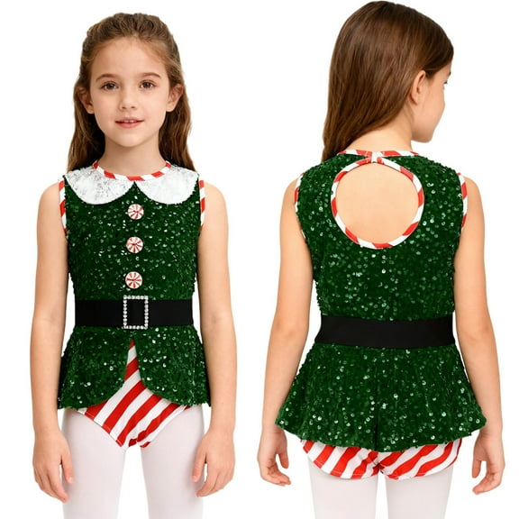 iiniim Girls Christmas Santa Elf Striped Sequins Dance Leotard Xmas Skating Bodysuit Green 8
