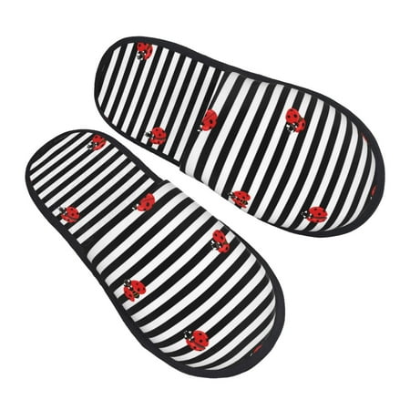 

Junzan Fuzzy Feet Slippers For Women House Shoes Non Slip Indoor/Outdoor Ladybugs On Black And White Striped Designs-Large