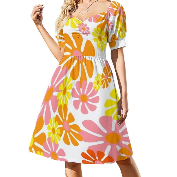 Vestido de manga corta con flores de los años 60 en naranja, amarillo y rosa vestidos de noche de lujo 2025 Vestido de noche de mujer Vestido