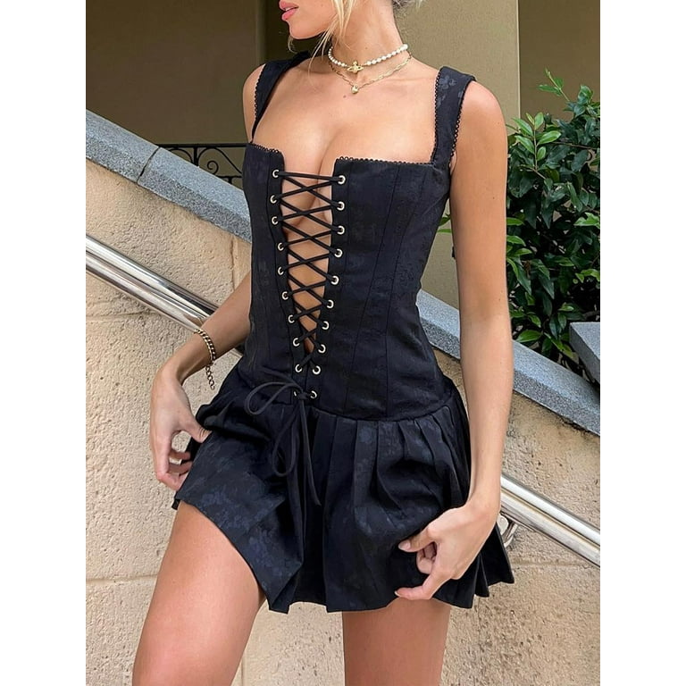 Women's Corset Mini Dress Sleeveless Cross Tie-up Front