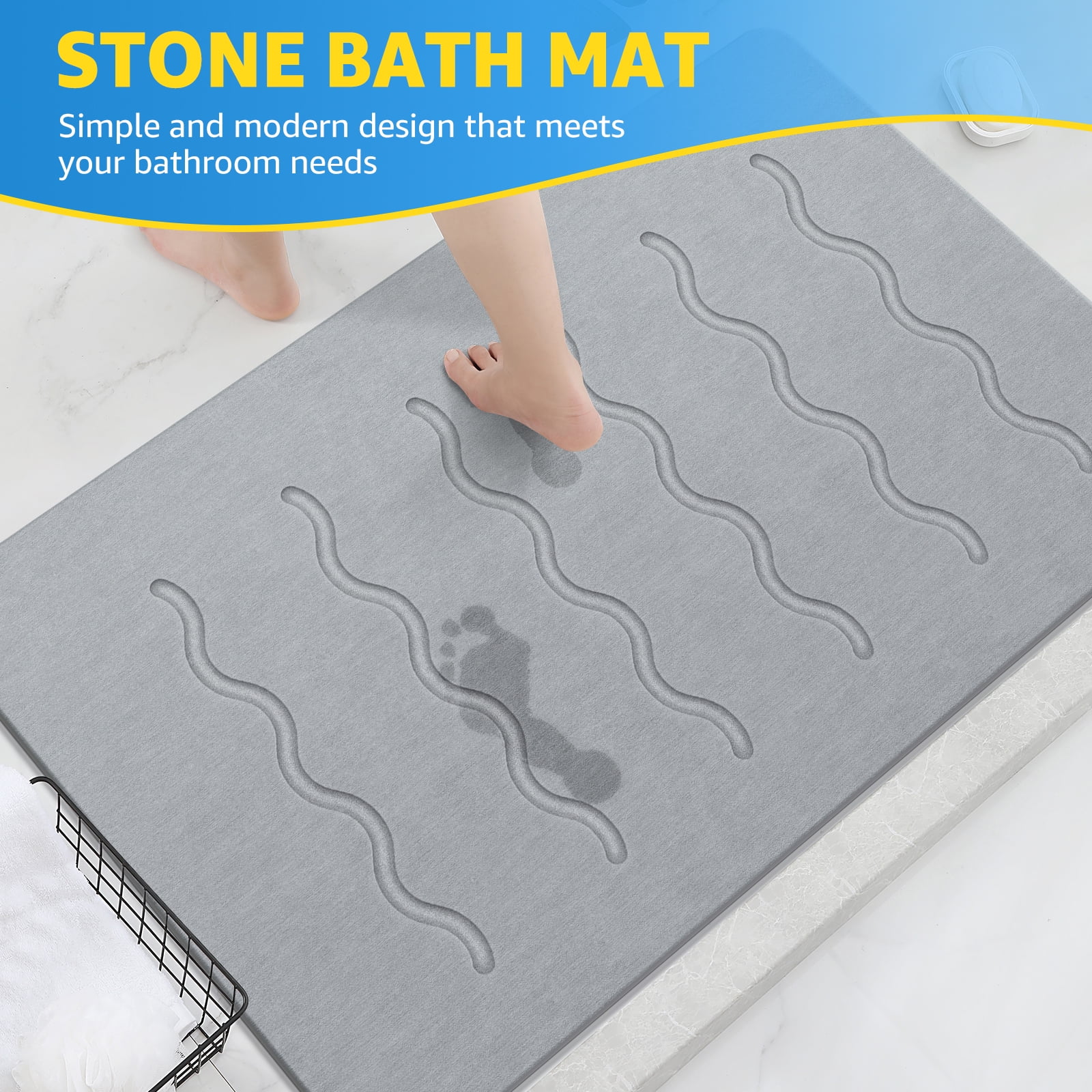 OTHWAY Large Stone Bath Mat, 32"x 20" Diatomaceous Earth Bath Mat for Bathroom, Quick Drying Long Bath Mat Stone Absorbing, Non-Slip Diatomite Hard Stone Shower Mat Instant Dry(Light Grey)