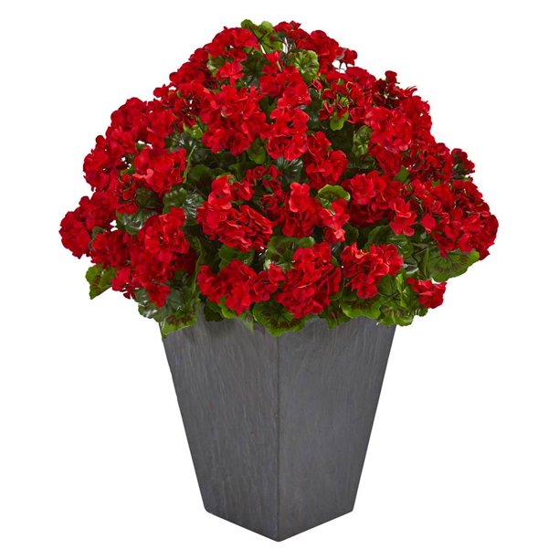 Geranium Artificial Plant with Slate Planter in Red