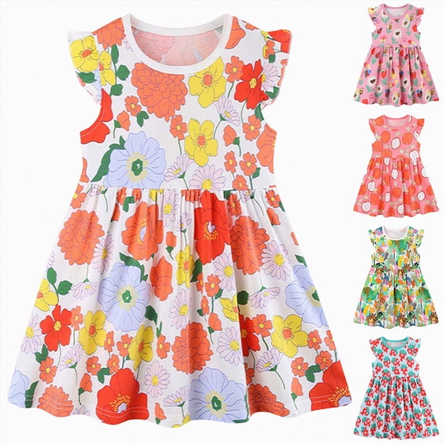 vigerkar Robe Décontractée pour Filles, Coton Doux à Manches Courtes pour Enfants, Robe Trapèze Respirante Taille 1-7 T (Rouge, 6-7 Ans)