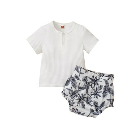 

Suanret Infant Baby Boys Girls 2Pcs Clothes Outfits Round Neck Short Sleeve Ribbed Tops + Sun Printed Shorts White Tree 6-12 Months