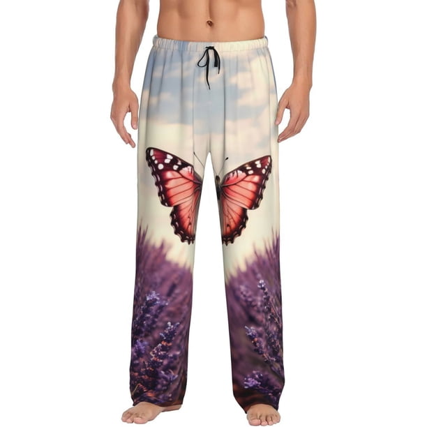 Fotbe Butterfly Over Lavender Pantalones de Pijama para Hombre, Pantalones de Dormir, Pantalones de Casa con Cintura Ajustable y Bolsillos-Small