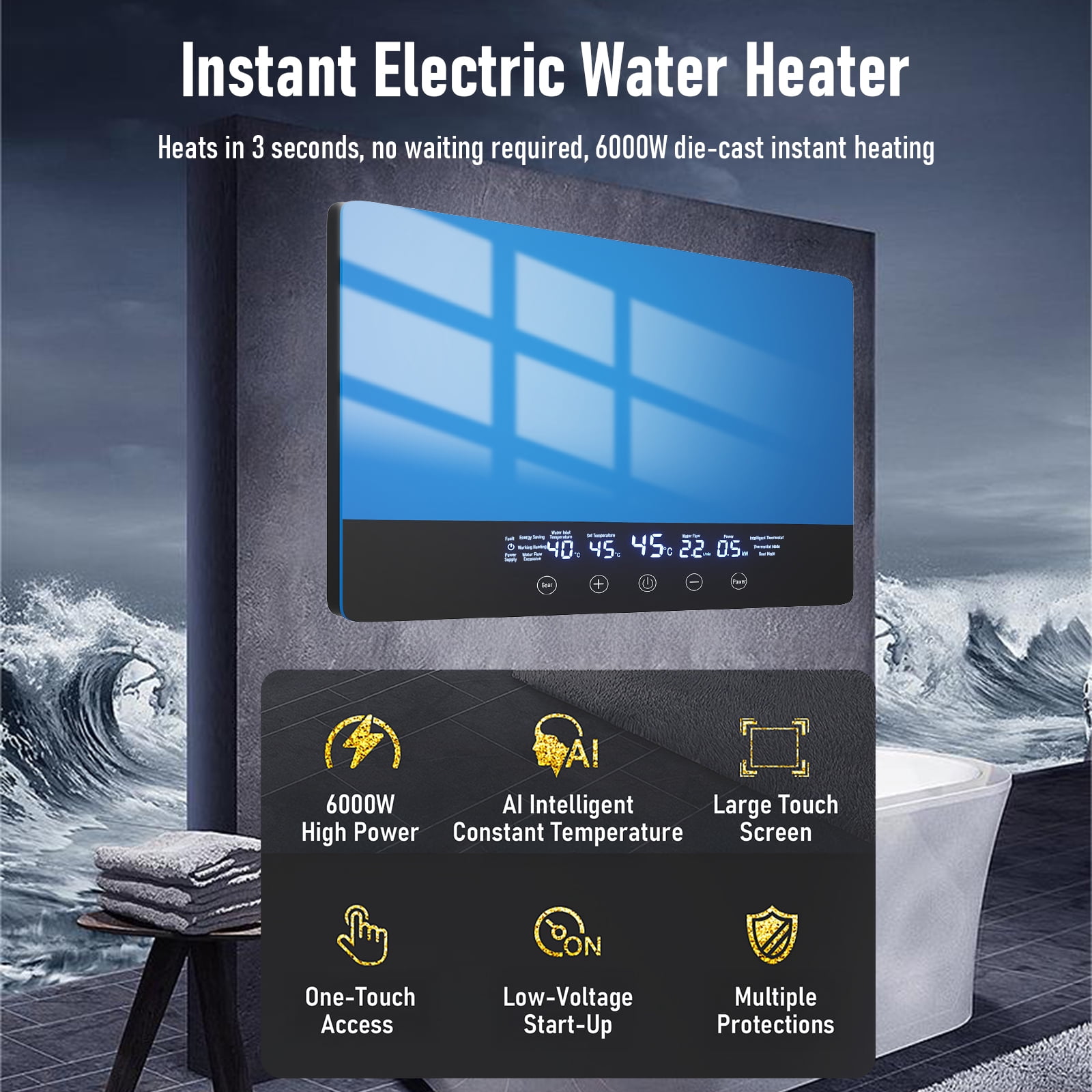 Electric Tankless Water Heater, 6.5KW 110V Instant Hot On Demand Residential Electric Water Heater with LED Temperature Display for Kitchen rv Whole House Shower Sink