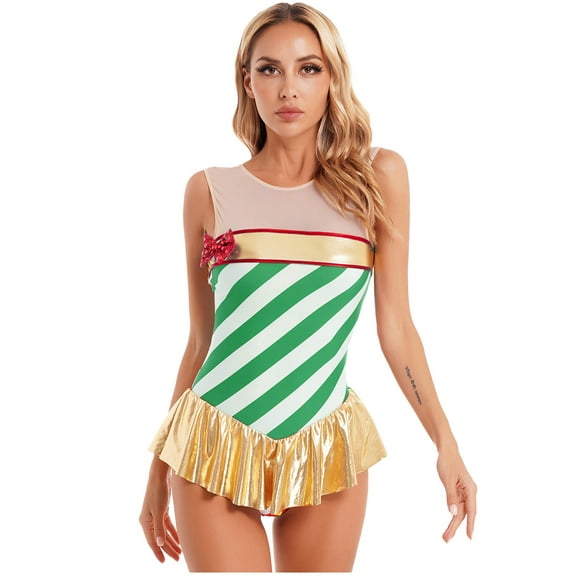 TSSOE Womens Christmas Candy Cane Sleeveless Striped Ballet Dance Figure Ice Skating Leotard Dress Green XXL