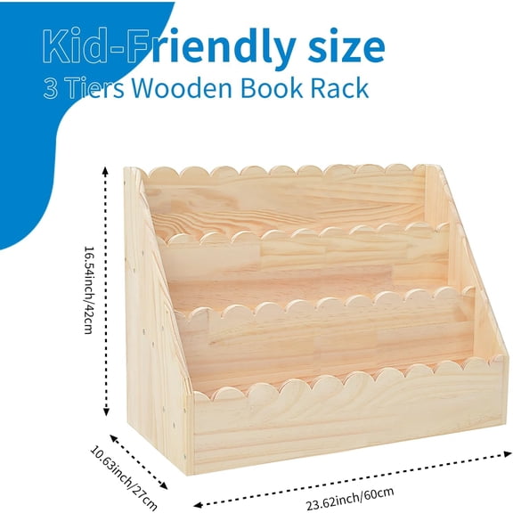 Kids Bookshelf-3-Tier Wooden Book Shelf for Kids Rooms,Nursery&Toddlers Montessori Bookcase with Deep Storage Pockets, Baby Book Storage,Children's Bookshelf for Nursery&Bedroom (Large)