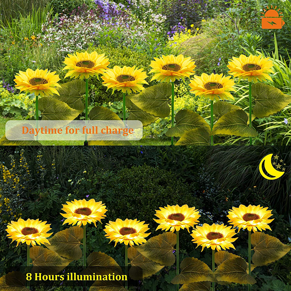 Solarera 2 Pcs Sunflower Solar Outdoor Lights Garden Stake Lights, LED Solar Powered Lights for Patio Lawn Garden Yard Pathway Decoration - image 4 of 8