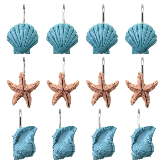 Seashell Shower Curtain Hooks, 12PCS Anti Rust Decorative Resin Hooks for Bathroom, Bedroom, Living Room Decor, Blue Seashell