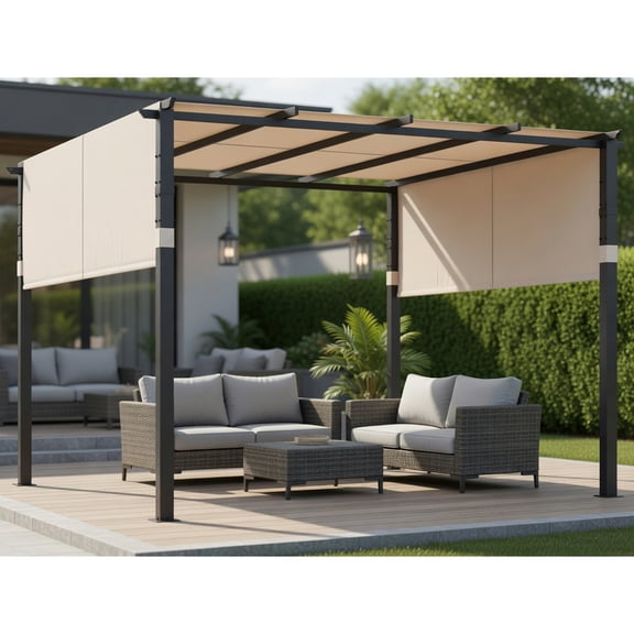 Topcobe 10 x 10 ft Flat Top Pergola with Retractable Canopy for Garden Pool Porch and Backyard, Outdoor Patio Furniture-Beige