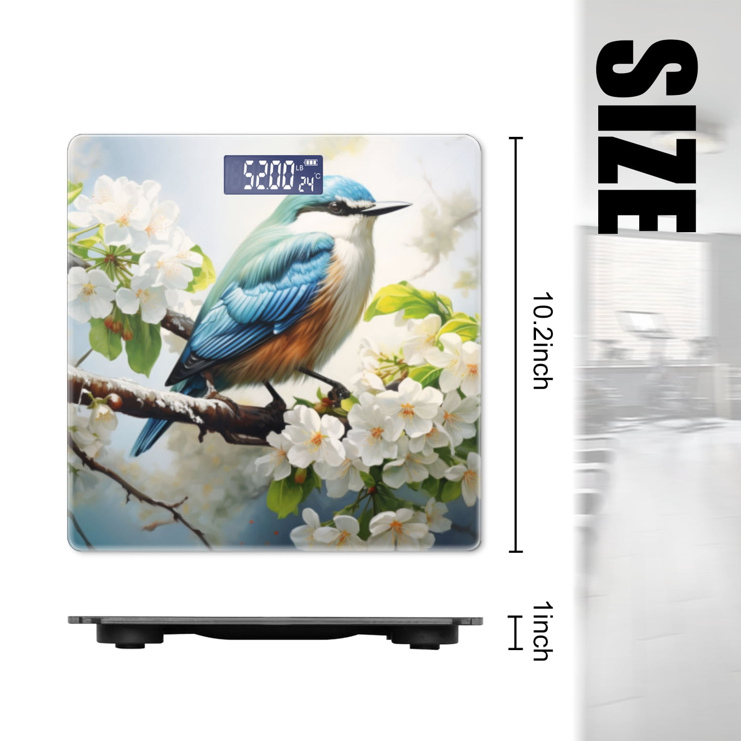 High Precision Body Weight Scale Smart Bathroom Scales with Large LCD Display(400lbs),Decorative for Bedroom-Beautiful Blue Bird Sitting On The Branch Of White Flowers