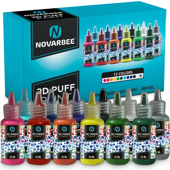Novarbee- Fabric Paint, 12 Colors Puff Paint, 0.67 Oz, Fabric Paint For Clothes, 3d Puff Pens, Puff Paint For Crafts, Canvas, Glass, Clothing, Wood.