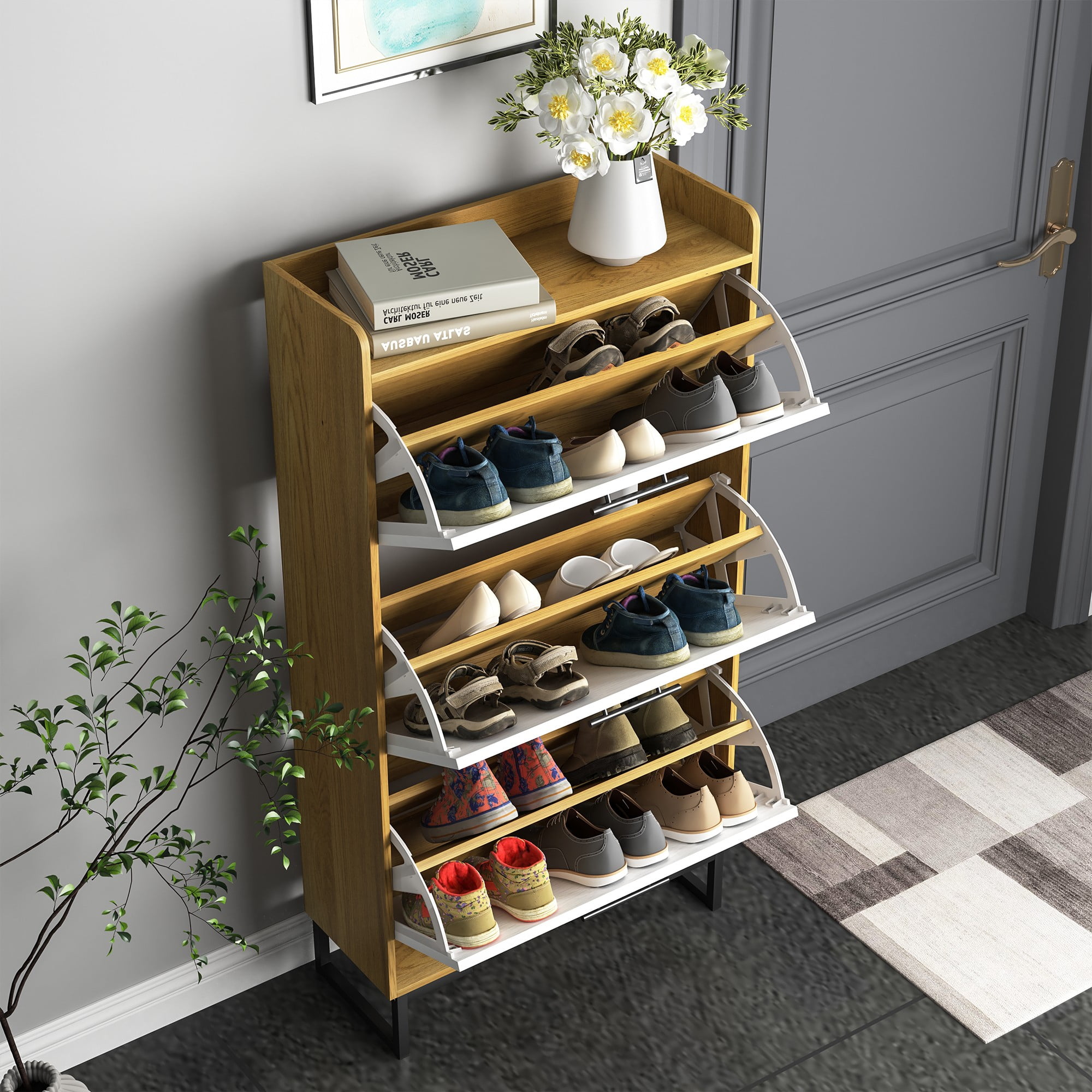 Finihen Shoe Cabinet, Free Standing Tipping Bucket Shoe Rack Organizer with 3 Flip Drawers, Slim Hidden Entryway Narrow Shoe Storage, Beige Finihen Shoe Cabinet, Free Standing Tipping Bucket Shoe Rack Organizer with 3 Flip Drawers, Slim Hidden Entryway Narrow Shoe Storage, Beige