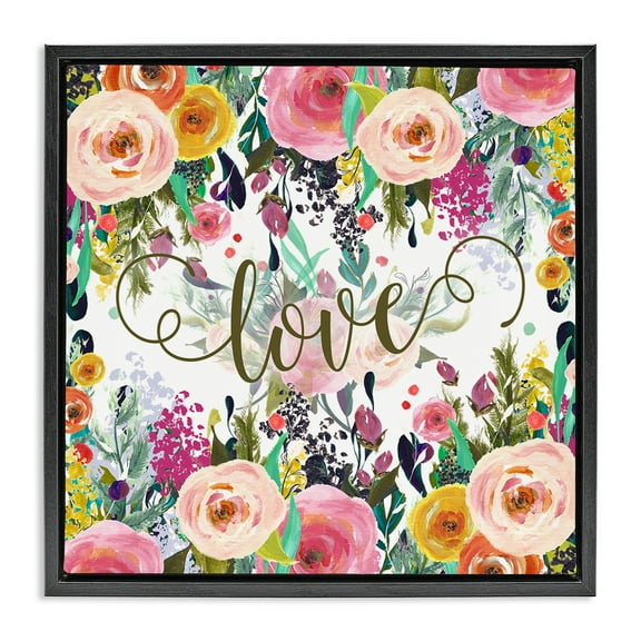 Stupell Industries Elegant Love Floral Pattern Botanical & Floral Painting Black Floater Framed Canvas Art Print Wall Art, 18 x 18
