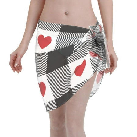 Qekee Heart Black Buffalo Plaid Gingham Women s Short Sarongs Cover Ups Sheer Bikini Wraps for Swimwear