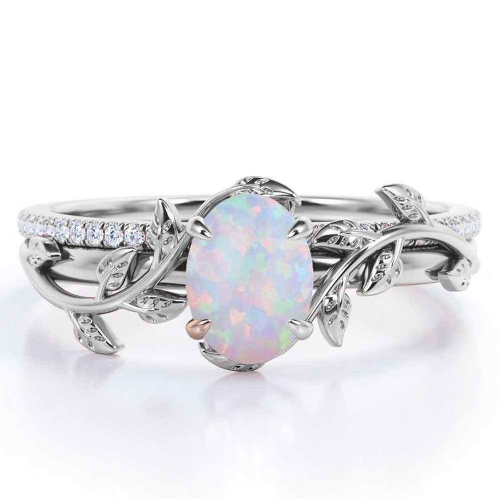 JeenMata Prong Setting 1.5 Carat Ovate Rainbow Lab Created Opal and Moissanite Leaf Design Wedding Ring Set in 18K White Gold Plating over Silver